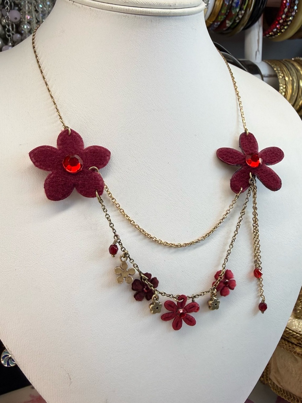 Dainty Burgundy Floral Multi-Chain Necklace